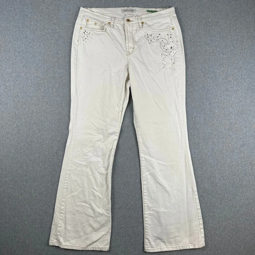 Jeanstar Women White Flare Jeans Mercury Bedazzled Size 12 Bootcut‎ Casual